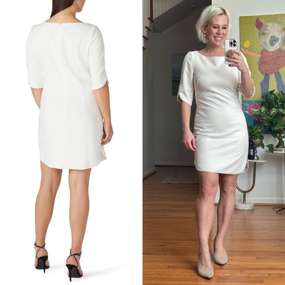 BLACK HALO Ivory Stretch Viscose Blend Short Sleeve Boatneck Sheath Dress 6 - Picture 3 of 11
